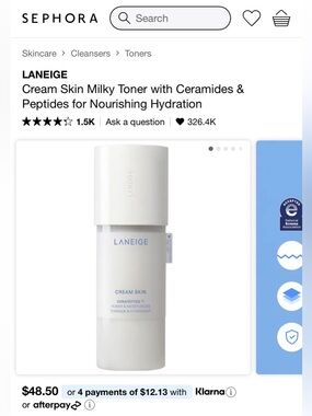LANEIGE Cream Skin Milky Toner w Ceramides & Peptides for Nourishing Hydration